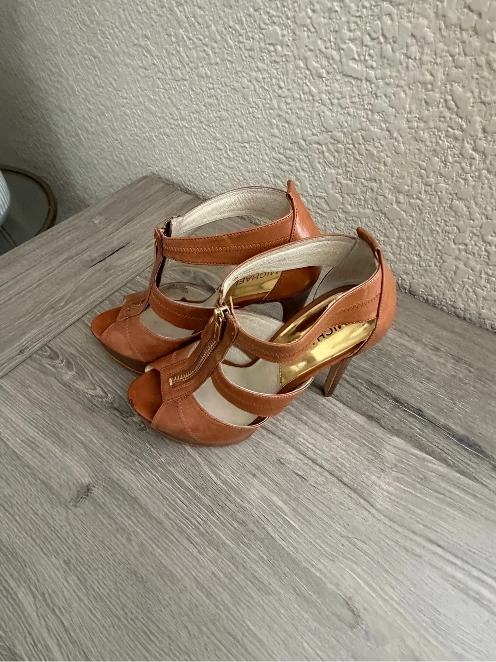 MICHAEL Michael Kors Brown Leather Peep-Toe Zip Front Heels